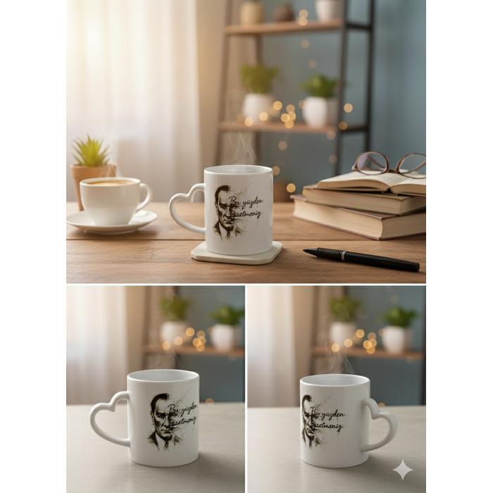 Atatürk Tasarımlı Kalpli Kupa – “Bu Yüzden Öğretmeniz” Yazılı, Mavi Gözlü Kara Kalem Çizim